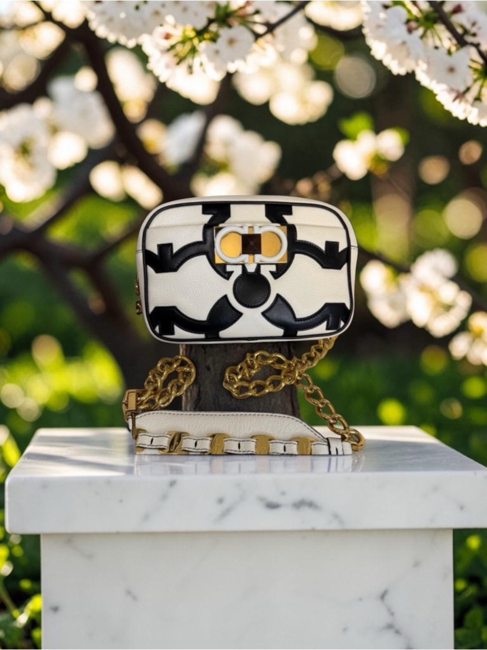 Salvatore Ferragamo RARE GANCINI leather black-and-white w/chain Crossbody